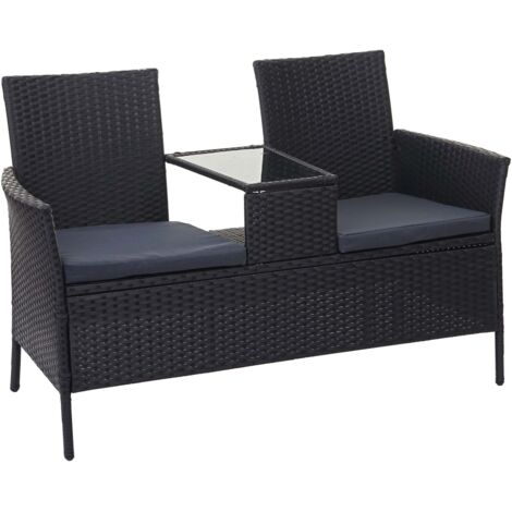 Banco de polirratán con mesa, sillones, sillas de jardín, 132 cm, cojín negro gris oscuro 040001141