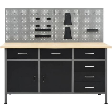 Banco de trabajo con 4 paneles de pared mesa de trabajo puesto de trabajo almacenamiento almacenamiento de herramientas 160 cm garaje taller patas regulables en altura 020003666