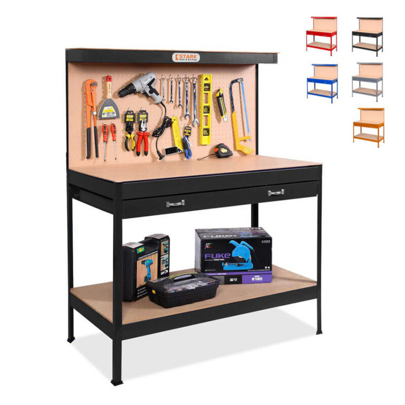 

Banco de trabajo con tablero de clavijas y cajón para garaje taller Max 120x60x150 cm | Negro