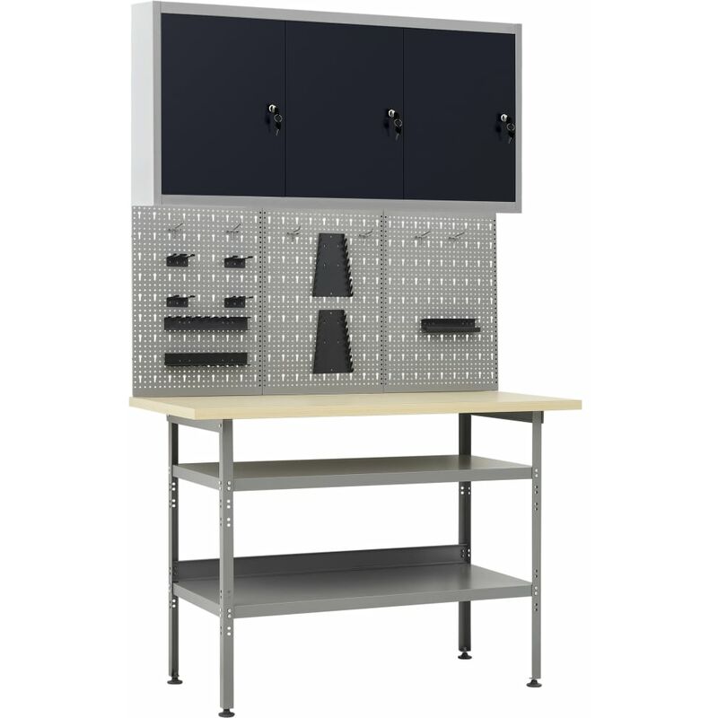

Banco de trabajo con tres paneles de pared y un armario - Gris