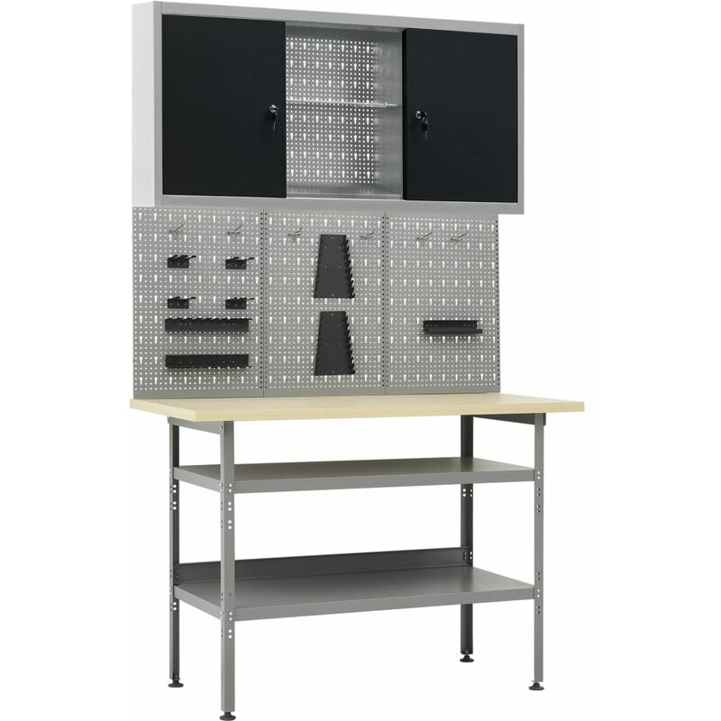 

Banco de trabajo con tres paneles de pared y un armario - Gris