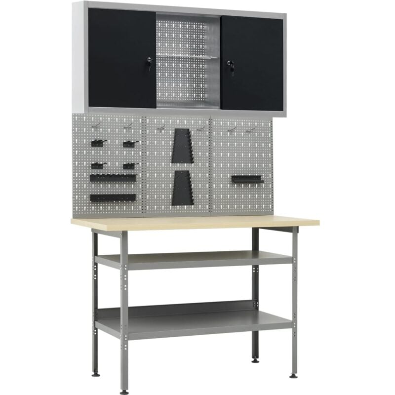 

vidaXL Banco de trabajo con tres paneles de pared y un armario - Gris