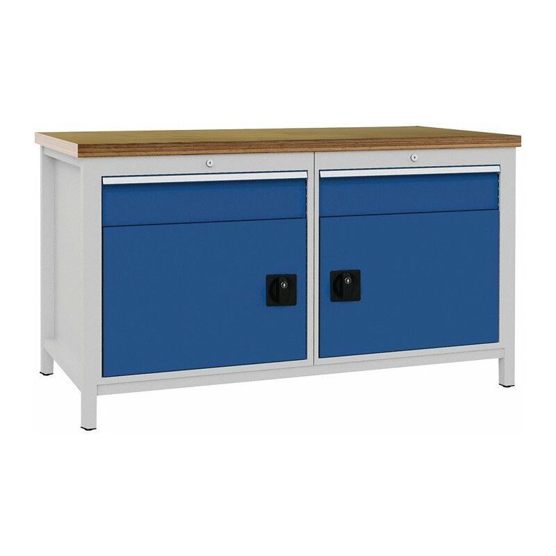 

Banco de trabajo gris claro azul señal L1500xH859xF750mm haya multip.40mm 2 cajones 2 puertas