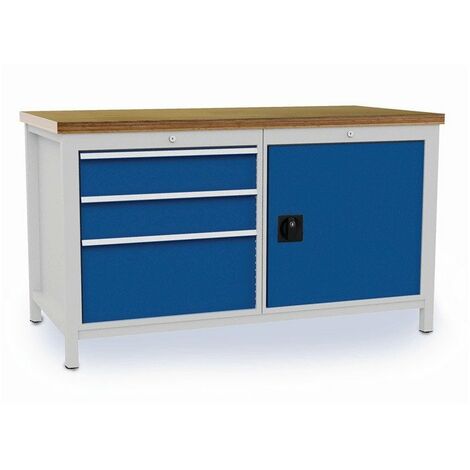 Banco de trabajo L1500xF750xH859mm haya multiplex gris claro azul señal 3 cajones, 1 puerta