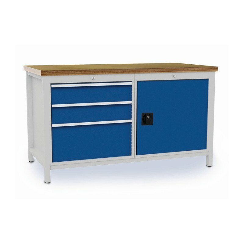 

Banco de trabajo L1500xF750xH859mm haya multiplex gris claro azul señal 3 cajones, 1 puerta