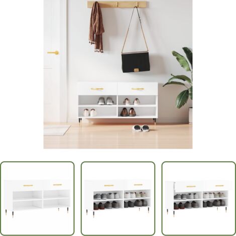 Banco de zapatos -  Banco zapatero madera de ingeniería blanco brillo 102x35x55 cm