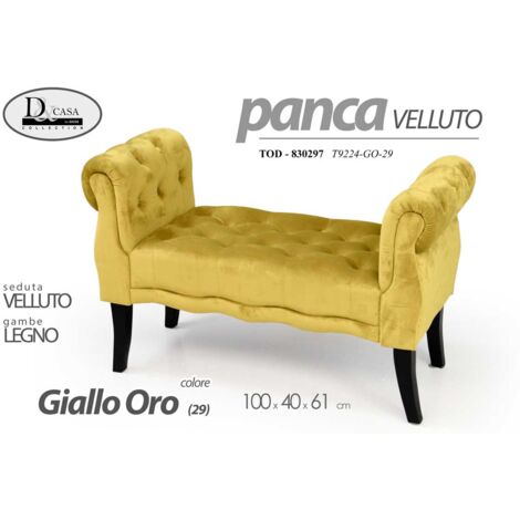 Banco en terciopelo amarillo con patas de madera.