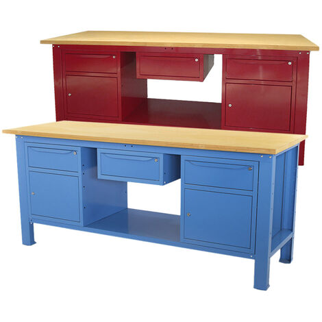 Banco lavoro SOGI 2m con piano in legno + 2 armadi con anta e cassetto + 1 casssetto - blu/rosso, ColoreBlu