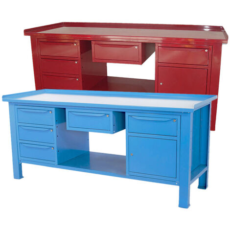Banco lavoro SOGI 2m piano acciaio + cassetto + armadio a 3 cass + armadio anta cassetto - blu/rosso, ColoreBlu
