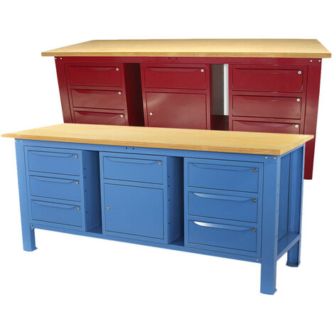 Banco lavoro SOGI 2m piano legno + 2 armadi a 3 cassetti + armadio con anta e cassetto - blu/rosso, ColoreBlu