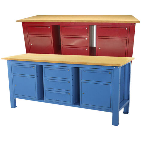 Banco lavoro SOGI 2m piano legno + 2 armadi con anta e cassetto + armadio a 3 cassetti - blu/rosso, ColoreRosso