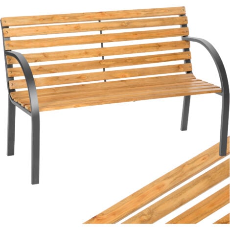 Banco para jardín de madera MICHAELA 119,5x62x83 cm - banco de exterior para terraza, banquito de madera natural lacada para patio, banca para porche de acero
