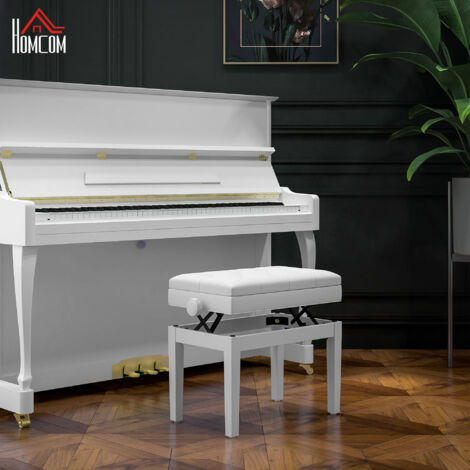 Banco para Piano con Ajustable en Altura de 48 a 58 cm Espacio de Almacenamiento Patas de Madera Blanco