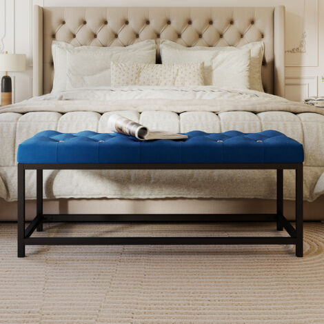 Banco Pie de Cama Tapizado en Terciopelo Diseño Capitoné Base de Metal para Dormitorio Entrada Salón Azul Oscuro