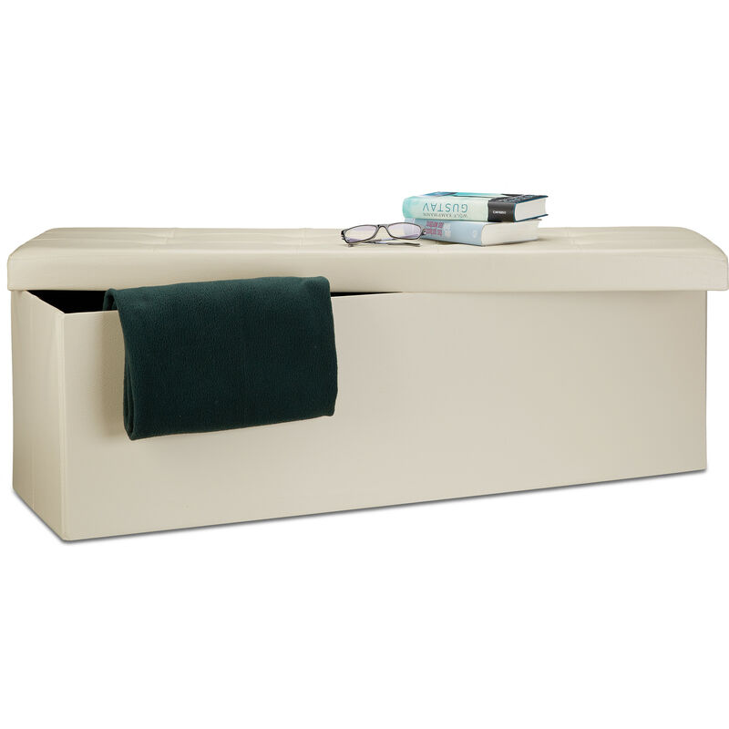 

Banco plegable, Baúl de almacenaje XL, Asiento cómodo, Cuero sintético & MDF, 38 x 114 x 38 cm, Crema