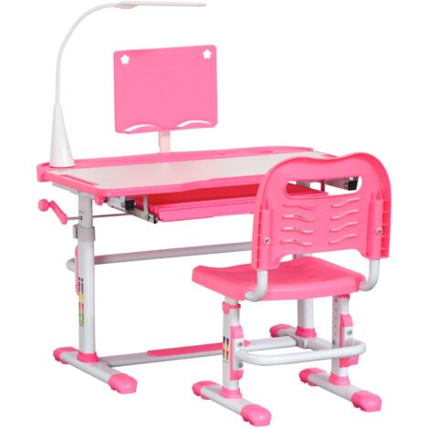 Banco Scuola per Bambini Piano Inclinabile con Luce e Sedia Regolabile Rosa