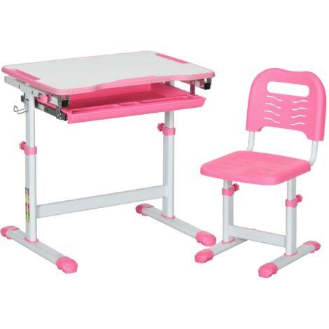 Banco Scuola per Bambini Piano Inclinabile e Sedia Regolabile 66x47x52-77 cm Rosa