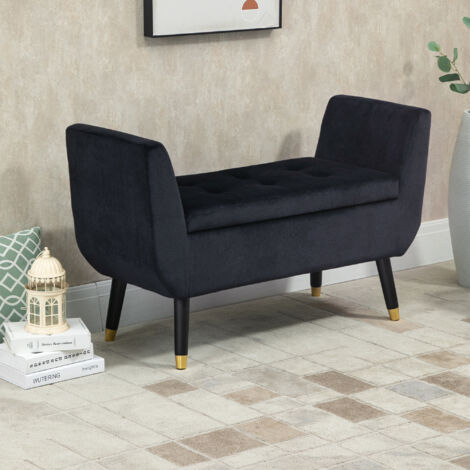 Banco tapizado de lujo con almacenaje y reposabrazos, terciopelo poliéster, madera de caucho, negro, 107x42x65cm para salón y recibidor