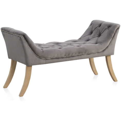 Banco Tapizado En Terciopelo Gris, Patas De Madera Natural