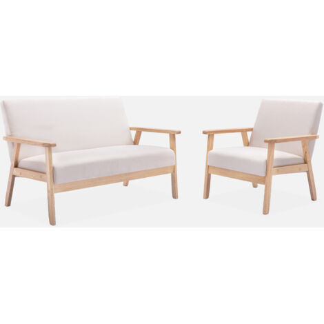 Banco y sillón de madera y tela, 3 plazas