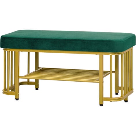 MODFU Banco zapatero, banco recibidor, patas regulables, mueble de entrada, metal, verde+dorado