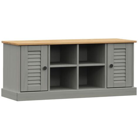 Banco zapatero con 4 compartimentos y 2 armarios pequeños 106 x 35 x 45 cm en madera de pino gris DEC024963