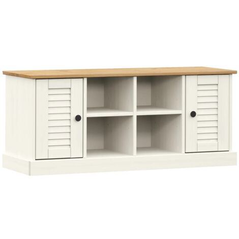 Banco zapatero con 4 compartimentos y 2 armarios pequeños con puerta 106 x 35 x 45 cm en madera de pino blanco DEC024962