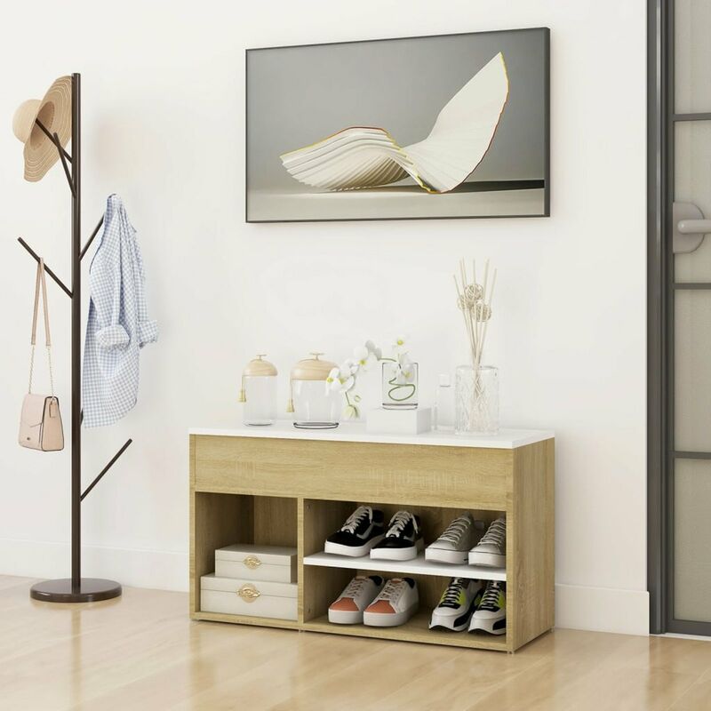 

Banco zapatero de aglomerado blanco y roble Sonoma 80x30x45 cm