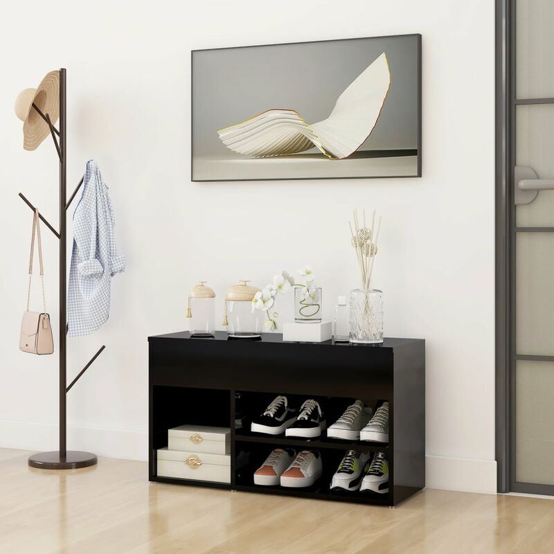 

Banco zapatero de aglomerado negro con brillo 80x30x45 cm