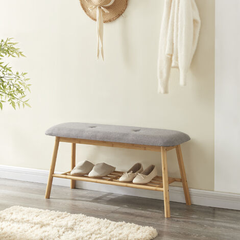 Banco Zapatero Römnitz estante para 3 pares bambú tela 45 x 90 x 30 cm -  Gris y Color natural [en.casa]