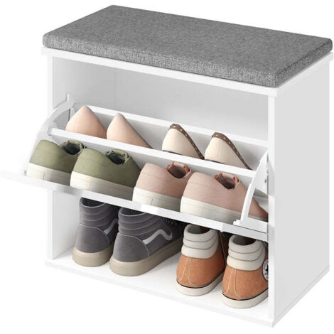 Banco zapatero tapizado mueble de entrada de 3 niveles para 6 pares de zapatos cajón abatible 30 x 60 x 535 cm para entrada o dormitorio blanco 120008037