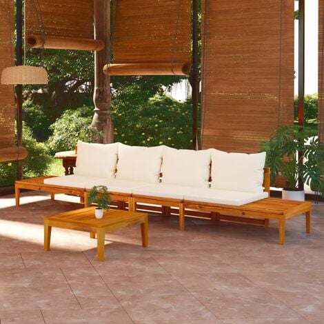Bancos de jardín con cojines blanco crema 2 uds madera acacia