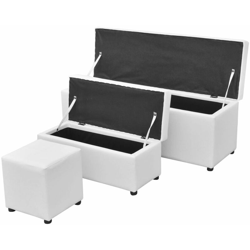 

Bancos reposapies de almacenaje 3 uds. cuero artificial blanco