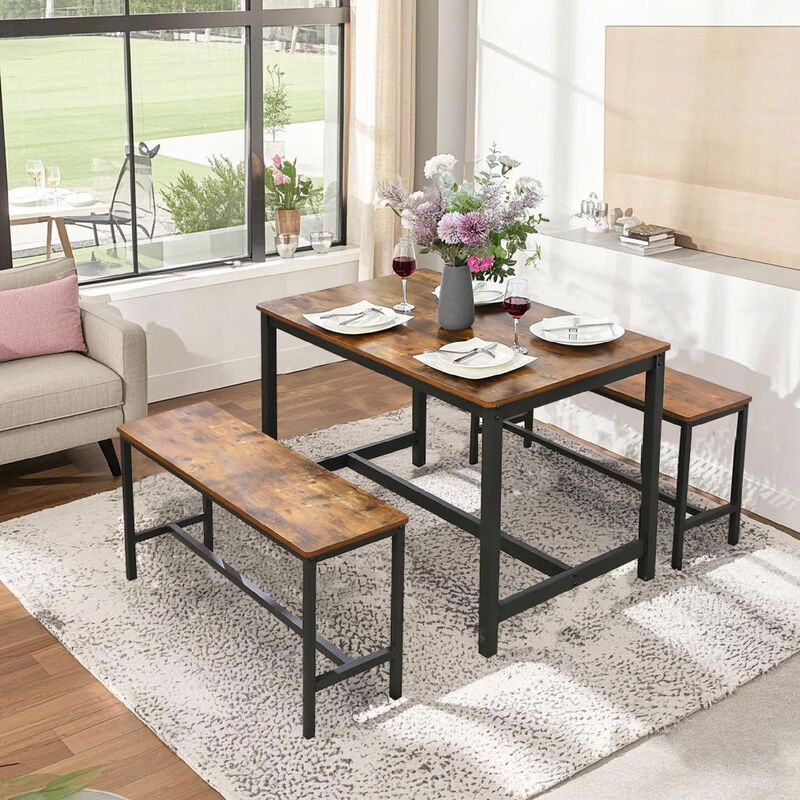 Bancs de Table, Lot de 2, Sièges de Salle à Manger, Structure Métallique, pour Cuisine, Salon, Marron Rustique et Noir