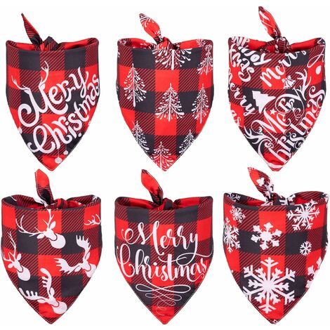Bandanas de Noël pour chien 6 paquets de bavoirs triangulaires à carreaux rouges et noirs Mouchoir réversible pour animaux de compagnie Arbre de Noël Flocon de neige Motif Renne Foulard pour Noël Hive