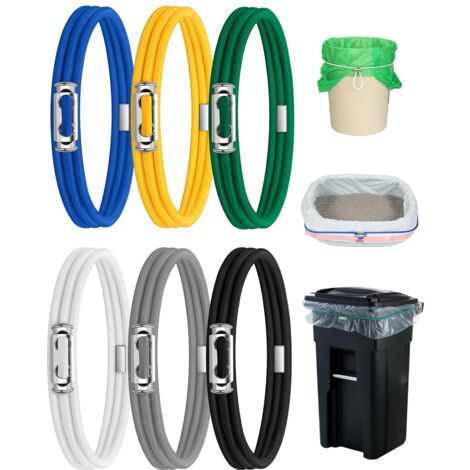 Bandas ajustables para botes de basura de 8 a 33 galones. Bandas multiusos para cajas de arena, mesas de cocina, picnics y fiestas.