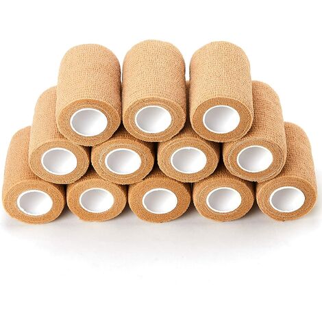 Bande Cohesive Bandage Autoadhésif Elastique 7.5cm x 450cm, Bandage Medical pour Premiers Secours Sports, 12 Rouleaux (Beige)