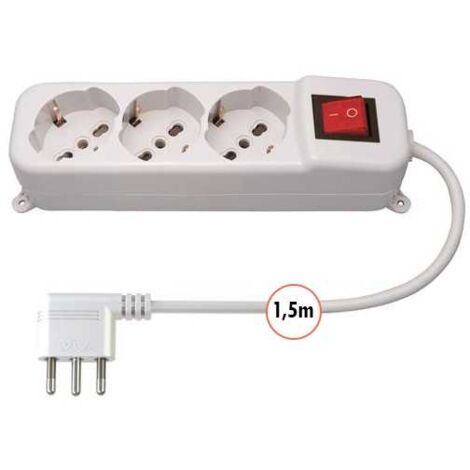 Bande d'alimentation 3 x Schuko + 10/16A avec Interrupteur Câble 1,5m Blanc