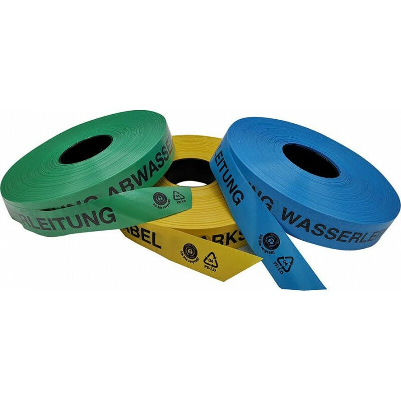 Bande d'avertissement d'itinéraire 250 m Attention, conduite d'eau composée d'au moins 80% de regranulat certifié Blue Angel