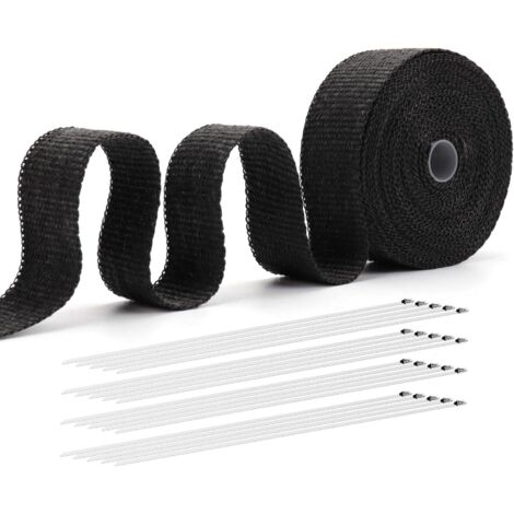 Bande de protection contre la chaleur pour pot d'échappement - 12 m - Noir - Avec 20 serre-câbles en acier inoxydable - Résistant à la chaleur 550 °C - Protection contre la chaleur - Pour