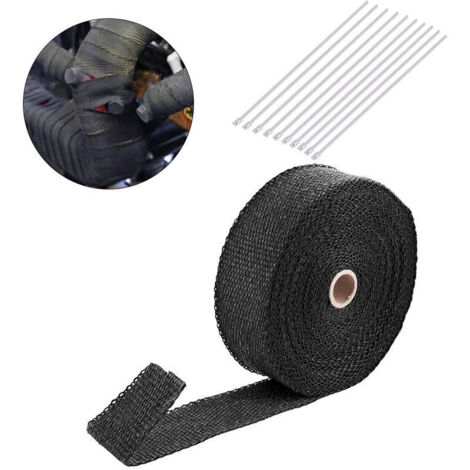Bande de protection thermique déchappement, Ruban échappement noir avec 10 attaches de câble, Ruban isolant thermique tuyeau collecteur echappement pour moto voiture (5cm x 15m)