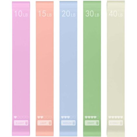Bande de résistance en lot de cinq pour exercices, bande élastique de Pilates pour la kinésithérapie et le yoga, bande de mouvement élastique pour les hanches et les jambes (10 lb, 15 lb, 20 lb, 30 lb