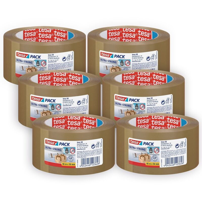 Tesa - pack Ultra Strong - Ruban adhésif pvc ultra fort, marron, pack 6, 66 m chacun
