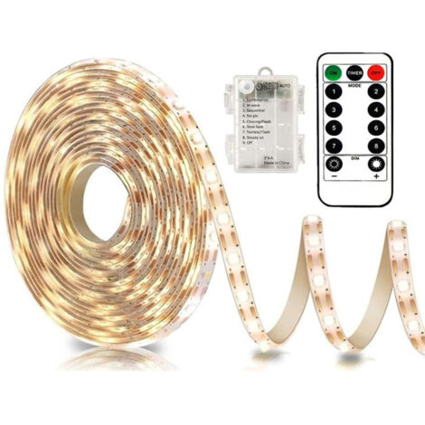 Bande LED 3 m à piles avec télécommande, étanche, 8 modes, intensité réglable, minuterie, autocollante et sécable (blanc chaud)