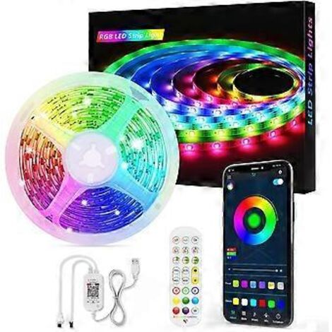 Bande LED 5 m, 150 LED, Bluetooth, RGB 5050, USB 5 V, contrôlée par application et télécommande, 16 millions de couleurs et 213 modes.
