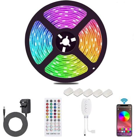 Bande LED Bluetooth 5 m étanche, synchronisation musicale, changement de couleur RGB 12 V 5050, adhésive et sécable