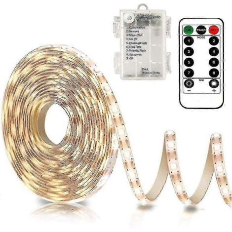 Bande LED de 3 m avec télécommande, 90 LED, étanche, 8 modes, intensité réglable, minuterie, autocollante, sécable (blanc chaud)