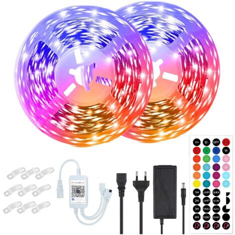 Bande LED de kit 15 mètres, contrôle de l'application Bluetooth, synchronisation musicale, intérieur, télécommande 44 touches, 12v, multicolore