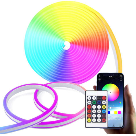 Bande LED néon de 5 mètres – Bande LED RGB flexible avec indice d'étanchéité IP65, contrôle à distance/application, idéale pour l'éclairage mural intérieur (DIY)