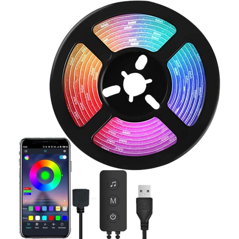 Bande led rvb 5050, 2 mètres, synchronisation de musique, application Bluetooth, 16 millions de couleurs, luminosité réglable, contrôle à 3 boutons,